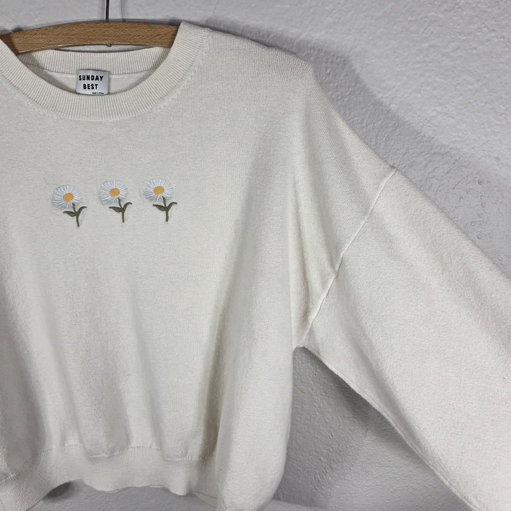 Aritzia Sunday Best Size L Cream Merino Wool Daisy Sweater Daisies Flower Print - Picture 7 of 16
